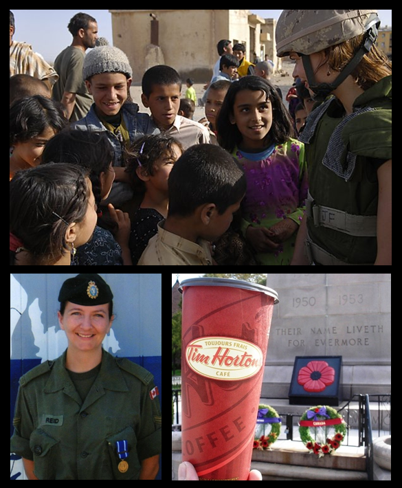Poppies and coffee and a couple of Reid women trying to do good. Lori in Afghanistan 2008 (photo by Yannick Beauvalet) and I in Bosnia 2000 (photo by Denise Dowdy). Timmies photo by dautruong52 at www.everycup.ca.